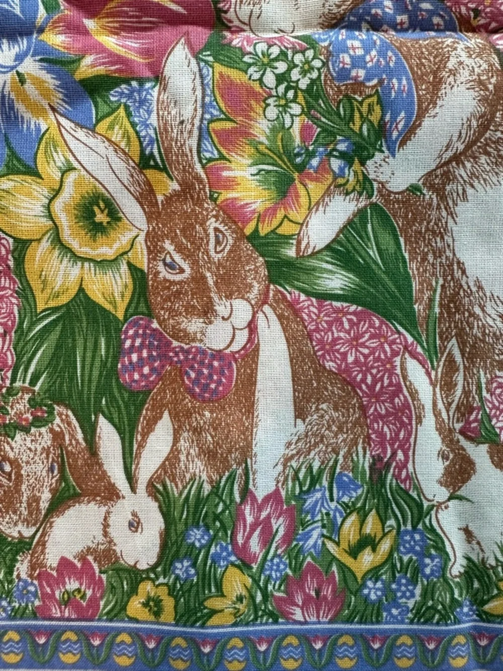 Vintage 90s Easter Bunny Floral Tablecloth Cotton Cottagecore Spring Decor